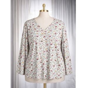 Croft & Barrow 2X Cotton Knit Henley Top 3 Button V-Neck Yellow Pink Floral